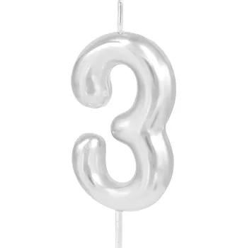 Dortová svíčka Stříbrná lesklá dortová svíčka číslo 3, 6 cm