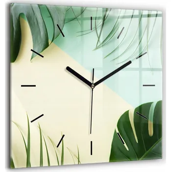 Hodiny Skleněné nástěnné hodiny s tichým chodem – Monstera listy do kuchyně