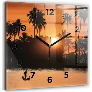Hodiny Čtvercové Skleněné Nástěnné Hodiny s Grafikou Západ Slunce a Palmy 30x30 cm