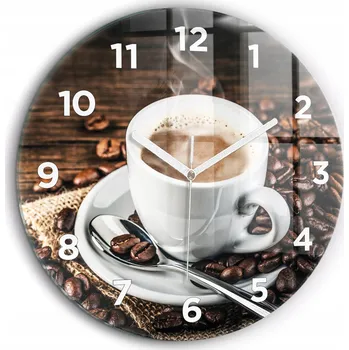 Hodiny Nástěnné Čtvercové Skleněné Hodiny s Grafikou Šálek a kávová zrna průměr 60 cm
