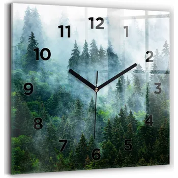 Hodiny Skleněné nástěnné hodiny do kanceláře se stylovým potiskem Mlhavý les 30x30 cm