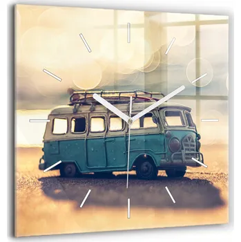 Hodiny Minimalistické Skleněné Nástěnné Hodiny s S Potiskem – Karavan na pláži, 60x60 cm