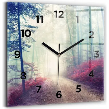 Hodiny Čtvercové Skleněné Nástěnné Hodiny s Grafikou Podzimní Cesta Les Mlha 30x30 cm