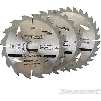 Pilový kotouč Silverline | Karbidové řezné kotouče pro okružní pilu - 16, 24, 30 zubů, 3 kusy - 160 x 30 - 20, 16, 10mm rings 436755