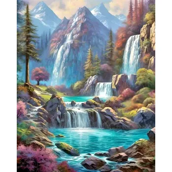 Diamantové malování Diamantové malování - Vodopády v horách + perleťové kamínky (50x70)