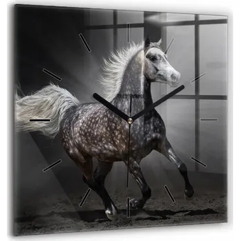 Hodiny Čtvercové skleněné nástěnné hodiny do kanceláře s motivem cválajícího koně 60x60 cm