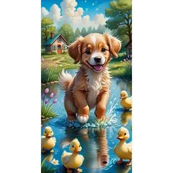 Diamantové malování Diamantové malování - Štěně a kachničky + perleťové kamínky (40x60)