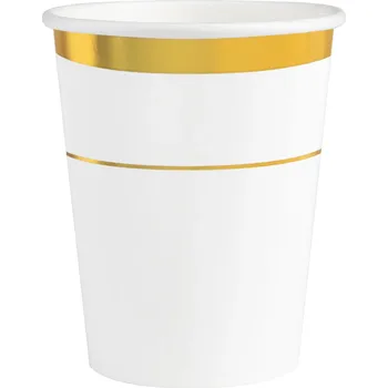 Sklenice Papírové sklenice elegantní bílé s ozdobným zlatým okrajem 270 ml, 6 ks