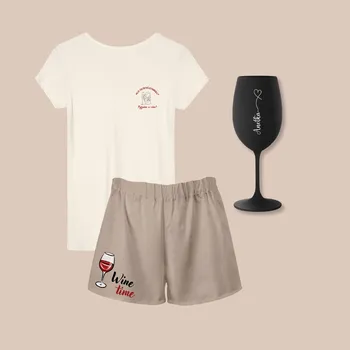 Sklenice Set pyžama a skleničky s potiskem VÍNO, pro ženu Barva: Černá, Velikost: M - béžová, Varianta: Potisk na srdci