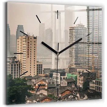 Hodiny Skleněné nástěnné hodiny do kanceláře s grafikou Staré město v Chongqing 30x30 cm