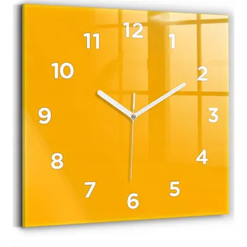 Hodiny Minimalistické Čtvercové Skleněné Foto Hodiny Nástěnné Tmavě Žluté 30x30 cm