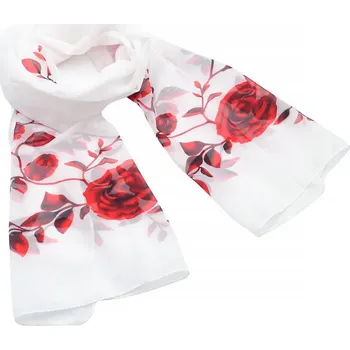 Šála Šála vzdušná - bílá s červeným květinovým potiskem