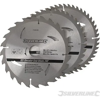 Pilový kotouč Silverline | Karbidové řezné kotouče pro okružní pilu - 20, 24, 48 zubů, 3 kusy - 200 x 30 - 25, 18, 16mm rings 749249