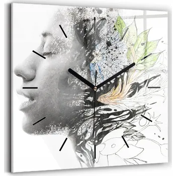 Hodiny Skleněné nástěnné hodiny do obýváku s motivem Abstrakce - ženská tvář, 30x30 cm