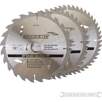 Pilový kotouč Silverline | Karbidové řezné kotouče pro okružní pilu - 20, 24, 48 zubů, 3 kusy - 210 x 30 - 25, 16mm Rings 690459