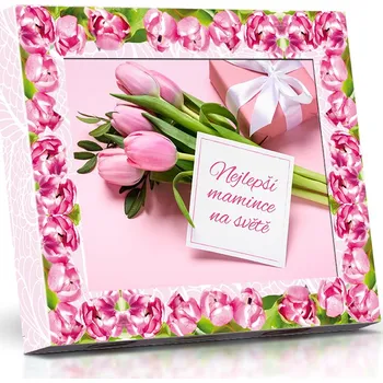 Bonboniéra Selllot, s.r.o., K Hájům 34, 155 00 Praha 5 - Vyrobeno na Ukrajině Nejlepší mamince na světě - Plněné čokoládové lodičky s ořechy 125g (růžové tulipány)