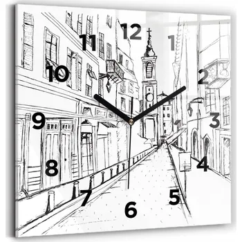 Hodiny Skleněné nástěnné hodiny do obýváku s grafikou Kresba města Provence 30x30 cm