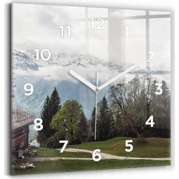 Hodiny Skleněné nástěnné hodiny do kanceláře se stylovým potiskem Výhled na hory 30x30 cm