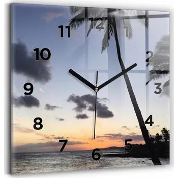Hodiny Skleněné nástěnné hodiny do moderního interiéru Palma a východ slunce 30x30 cm