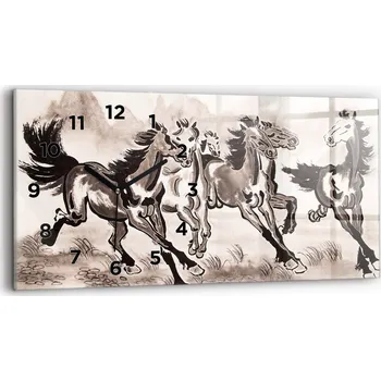 Hodiny Minimalistické skleněné nástěnné hodiny S Potiskem Cválající koně 60x30 cm