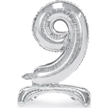 Balónek Fóliový balón samostatně stojící číslo 9, stříbrný 70 cm