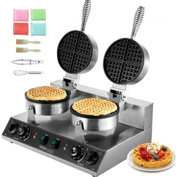 Vaflovač VEVOR Komerční výrobník vaflí, kulatý stroj na vafle se dvěma hlavami, belgický vaflovač z nerezové oceli s nepřilnavým povrchem, 2460 W, regulace teploty a času, rukojeť, pro restaurace, pekárny, bary a bary