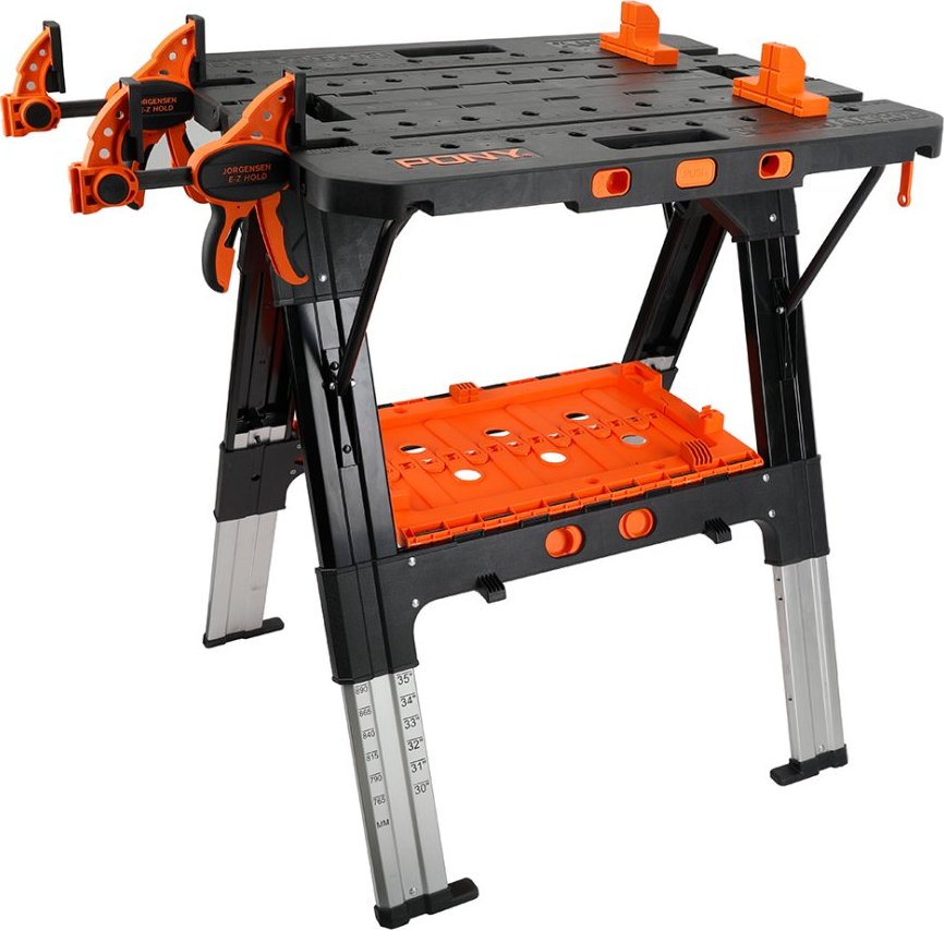 Skládací pracovní stůl PONY JORGENSEN s nastavitelnou výškou a svorkami