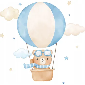 Obraz Ozdobné Samolepky Roztomilý Malý Medvídek Letící Balónem v Oblacích Akvarel 60x91 cm