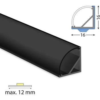 LED páska Rohový hliníkový profil černý RF 16x16mm včetně černého difuzoru 3 m