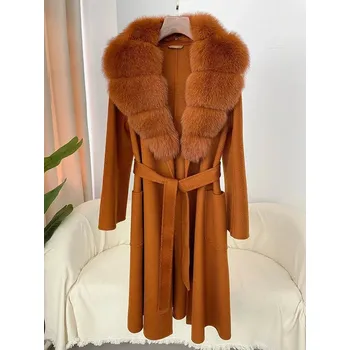 Dámský kabát Luxusní dámský kabát 100% vlna + límec z pravé liščí kožešiny Barva: Červená, Velikost: S