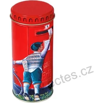 Dóza na potraviny POŠTOVNÍ SCHRÁNKA plechová dóza 7107 červená, kluk s kolem vhazuje dopis do schránky