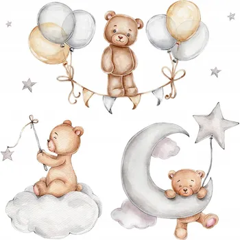 Obraz Samolepky Vyřezávané Roztomilí Medvídci a Balónky na Obloze Akvarelový Styl 60x88 cm