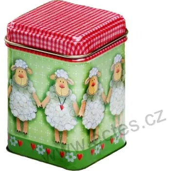 Dóza na potraviny MOLLY plechová dóza na čaj 7421 s veselými ovečkami na zelené, červené pepito a srdíčka