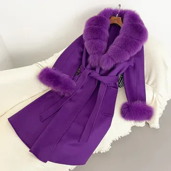Dámské oblečení Vlněný luxusní kabát s pravým kožichem liška Barva: Fialová, Velikost: M