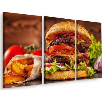 Obraz Třídílný obraz HAMBURGER Hranolky Dekorace 60x40