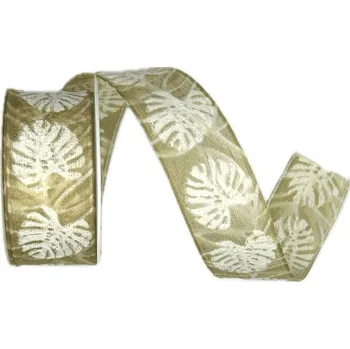 Stuha Stuha taftová MONSTERA NATUR béžová 25mm x 2,5m (10,-Kč/m) (Stuha taftová, transparentní, oboustranná, bílý potisk, s drátkem v lemu)