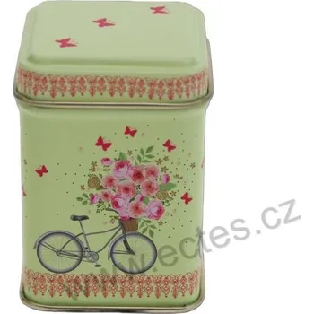 Dóza na potraviny FLORAL BICYCLE světle zelená plechová dóza na čaj 7422 městské kolo s květinami a motýlci