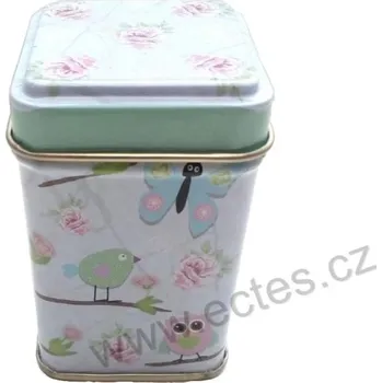 Dóza na potraviny SOVY MALOVANÉ plechová dóza na čaj 7422 sovičky na větvích, ptáčci, motýlkci a růže
