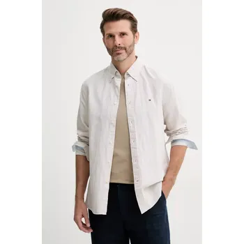 Pánská košile Košile s příměsí lnu Tommy Hilfiger pánská, béžová barva, regular, s límečkem button-down, MW0MW40704 80X, vel. S