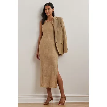 Dámské šaty Lněné šaty Lauren Ralph Lauren béžová barva, midi, přiléhavé, 200963647 08X, vel. XS