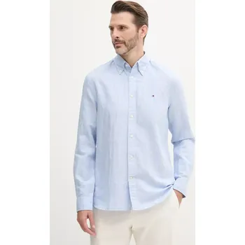 Pánská košile Košile s příměsí lnu Tommy Hilfiger pánská, modrá barva, regular, s límečkem button-down, MW0MW40704 50X, vel. S