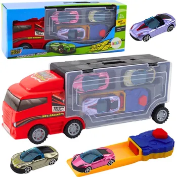 autíčko LEAN Toys Nákladní auto s garáží a odpalovačem aut 3 ks červené