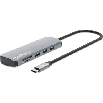MANHATTAN Dokovací stanice USB-C 9v1, 1xHDMI, 2xUSB-C, 3xUSB, 1xRJ45, čtečka SD karet, šedá