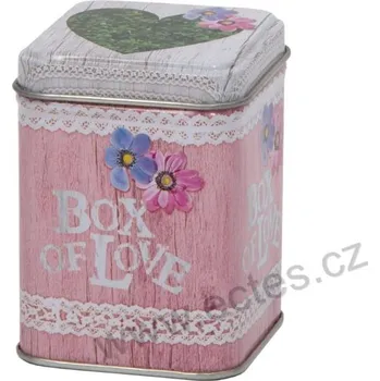 Dóza na potraviny ROMANCE plechová dóza na čaj 7421 zelené srdce a květy s nápisem Box of Love na růžové