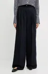 Kalhoty s příměsí lnu BOSS tmavomodrá barva, high waist, 50538045, vel. 34