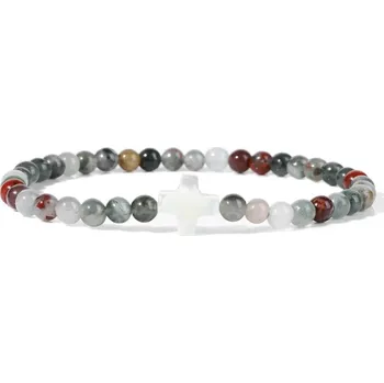 Náramek Přírodní kámen korálkový náramek s křížkem | šperky - 16 Africký krvavý kámen , 17 cm
