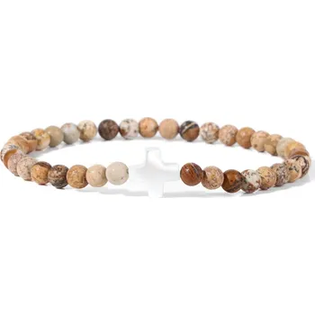 Náramek Přírodní kámen korálkový náramek s křížkem | šperky - 39 Obrázek Jasper , 19 cm