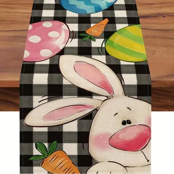 ubrus Velikonoční ubrus s králíčky a květinami | velikonoční ubrus, jarní dekorace - Černý králík , Rozměry 33 x 183 cm