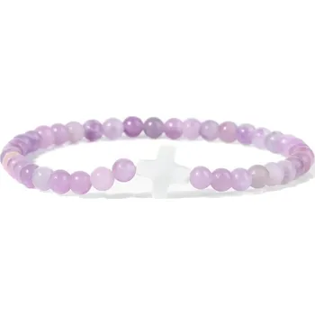 Náramek Přírodní kámen korálkový náramek s křížkem | šperky - 5 Fialový kámen , 19 cm
