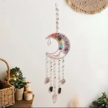 Lapač snů Křišťálový lapač snů ve tvaru měsíce | závěsná dekorace, ruční ozdoba - Lapač snů 11